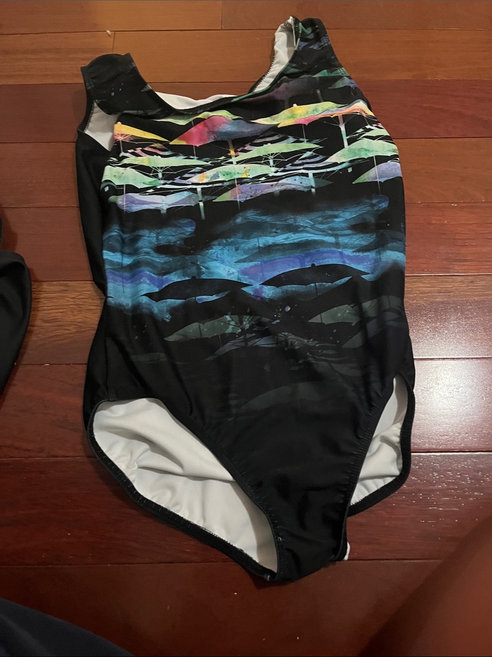 Black One-Piece Swimsuit with Multicolor Abstract Print